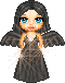 Pixelated doll avatar with dark hair, blue eyes, and black dress, featuring animated sparkles and winged silhouette.
