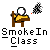 Pixel art of a figure seated at a desk, holding a smoking pipe with smoke rising from it, below text reading "SmokeIn Class" on gray background.