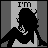 Pixelated grayscale animation of a woman with curly hair in a sleeveless top, showing sequential text and pose changes.