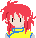 Pixel art avatar with red hair and yellow shirt showing multiple facial expressions including closed eyes, open eyes, and a frown.
