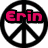 A circular black peace symbol with white triangular sections contains pink text reading 'Erin' in a pixelated font.