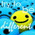 Animated icon with yellow smiley face on blue background, text overlays change from 'try to be different' to 'duhh different' with visible text transitions.