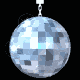 nine silver disco balls with reflective mirrored facets, each suspended by a metallic chain against a black background