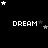 Black background with white pixelated text 'DREAM' repeated in a , surrounded by scattered stars of varying sizes and shades