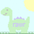 Pixelated green dinosaur with purple text 'rawr' on chest, standing under yellow sun against light blue sky.