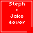 Four red square display white pixelated text 'Steph + Jake 4ever' with a heart in top-right and star in bottom-right