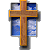 A pixelated static icon featuring a brown wooden cross with an orange outline against a blue and white background.