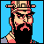 Pixel art icon of a character with dark hair and beard wearing a hat, holding an object against a blue background.