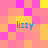 Pixelated of pink, orange, and yellow squares with four blue 'lizzy' text instances on a static background