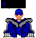 Pixelated avatar in blue and white outfit with cap, seated on throne-like chair against gray background.