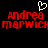 Red pixelated text 'Andrea Marwich' appears twice on black background with white heart symbol above left text.