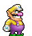 Pixel art animation of a character in yellow shirt and purple overalls performing actions including standing, charging with glowing effects, and transforming into pink forms.