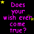 Black background with repeated purple text 'Does your wish ever come true?' and scattered yellow stars.