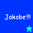 Pixelated blue and cyan displays "Jokobe!!!" text with a star symbol in two color variations