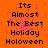 A static image with orange background and purple pixelated noise displaying repeated text "Its Almost The Best Holiday Holoween" in black blocky font.