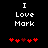 Black background with white pixelated text "I Love Mark" and red heart symbols below, showing two animation frames with heart positions swapped.