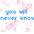Pixelated pink butterflies float over blue text reading 'you will how much never know i love you' and 'i <3 him' on a white background with gray corner.