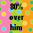 Pixelated static image with text '80% over him' on a green vertical band, surrounded by pink and orange backgrounds with scattered colored circles.