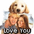 Pixelated image of a light brown dog with floppy ears holding two people in its paws, with 'Love You' text at the bottom.