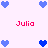 Pixelated heart icons and red text 'Julia' arranged in a on light purple background with blue hearts varying by shade