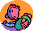 Animated cartoon character with pink face and blue hair in green shirt, moving through orange background with purple ground while interacting with yellow bus.