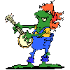 Green cartoon frog with orange hair plays banjo in blue overalls, yellow shirt, and green shoes across six sequential poses.