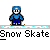 Pixelated character in blue outfit performing snow skate actions on gray background with repeated text below.