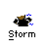 Animated pixel art contact sheet showing a character with white hair and brown face performing storm-related actions across 8 frames, each labeled "Storm" below the icon.