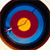 Static pixelated icon featuring concentric circular rings in blue, red, and yellow with a small white arrow-like shape on the left edge.