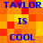 Blue text reading "TAYLOR TAYLOR IS COOL TAYLOR TAYLOR IS COOL" on a pixelated orange and yellow background.