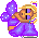 Pixel art fairy character with purple wings and dress, golden hair, holding a staff, in two animation frames showing slight pose variation against gray background.