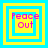 Four identical square arranged in a , each containing layered yellow and cyan borders with pink text reading "Peace Out"