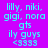 Pixelated text displays 'lilly, niki, gigi, noro gts ily guys <3333' across four color backgrounds with cyan lettering.