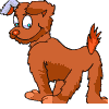 Brown cartoon dog with white ear tuft and orange tail tip stands in four distinct poses across a , each showing different head angles and eye expressions