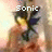 Pixelated image of a character with spiky black hair and yellow eyes, wearing dark clothing, with the text 'Sonic' above.