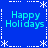 Blue square icon with four identical 'Happy Holidays' text blocks in cyan, surrounded by white snowflake and dashed-line borders.