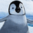 A pixelated penguin with black and white plumage stands against a snowy background, accompanied by blue containing fragmented text