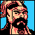 Pixel art portrait of a bearded man with long hair against blue background, rendered in limited color palette with dithering effects.
