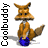 Animated contact sheet of a cartoon fox mascot holding a blue sphere across eight frames with subtle pose and expression changes.