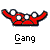 Pixelated red crown-shaped icon with white circular accents and black outlines above the word "Gang" in pixelated font on gray background.