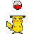 Pixelated yellow Pokémon with red cheek spots and black-tipped ears stands in six poses with a red-and-white Poké Ball above or on its head.