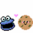 Pixelated image of Cookie Monster and a smiling cookie with a pink heart, surrounded by text about loving the Cookie Monster.