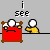 Pixel art animation of a red box with a sad face, a yellow figure, and white figures, with text 'i see' and 'tiny people' above.