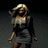 Pixelated image of a woman with blonde hair wearing a dark dress and light-colored top against a gradient background.