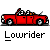 Red pixelated convertible truck with two figures inside, each wearing checkered patterns; text "_Lowrider" below.