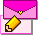Pixel art animation of a pink envelope with yellow heart and pencil, showing text progression from blank to 'Mail' across five frames.