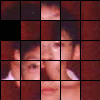 repeated child portraits with a single unobstructed face in the bottom-right corner, showing a child with short dark hair and a white collared shirt against a brown background