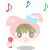 Pixelated avatar with pink bunny ears and blue bow, surrounded by colored musical notes on gray background.