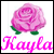 Pixelated pink rose with green leaves above stylized pink script text on white background.