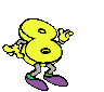 Yellow number 8 character with purple shoes and green ankle bands, performing various animated poses against gray background.